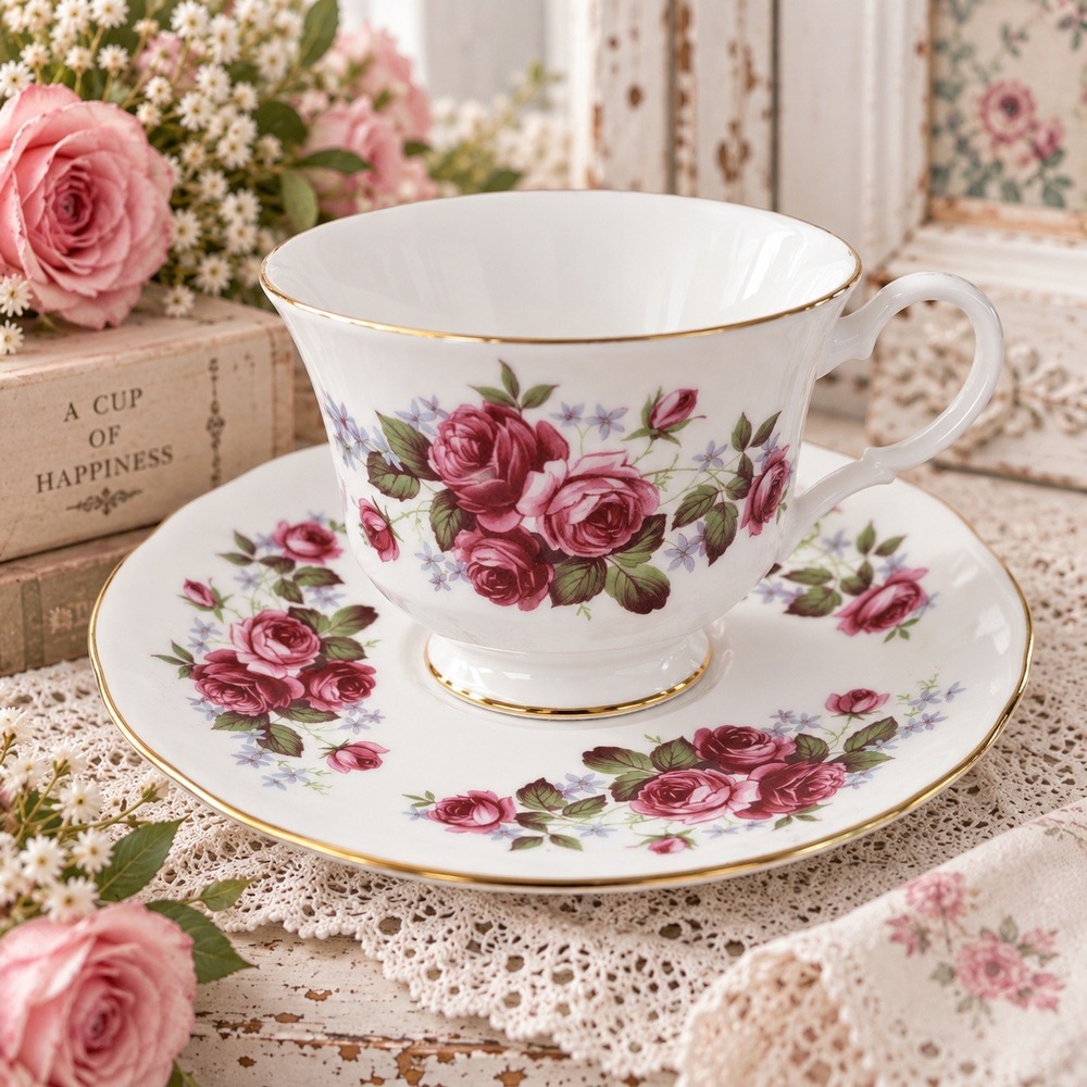 Queen Anne Bone China Tea Cup and Saucer Pink Rose Gold Trim England 8970 8674